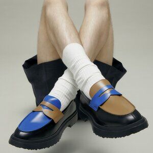 NWOB Camper TWINS Leather Loafer in Black/Cobalt /Camel EU 44 | Men's Size 10.5
